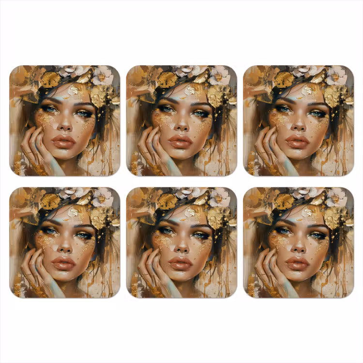 Vrouw - Bloemen - Goud - Portret onderzetter kurk middel -3d