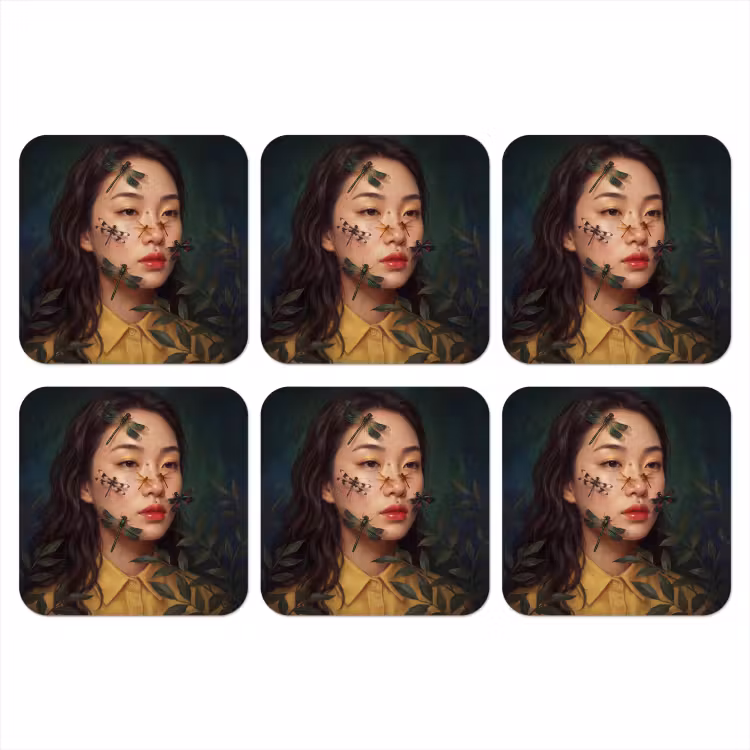 Vrouw - Insecten - Natuur - Portret - Groen onderzetter kurk middel -3d