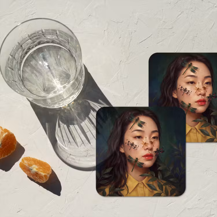 Vrouw - Insecten - Natuur - Portret - Groen onderzetter kurk middel -sfeer4