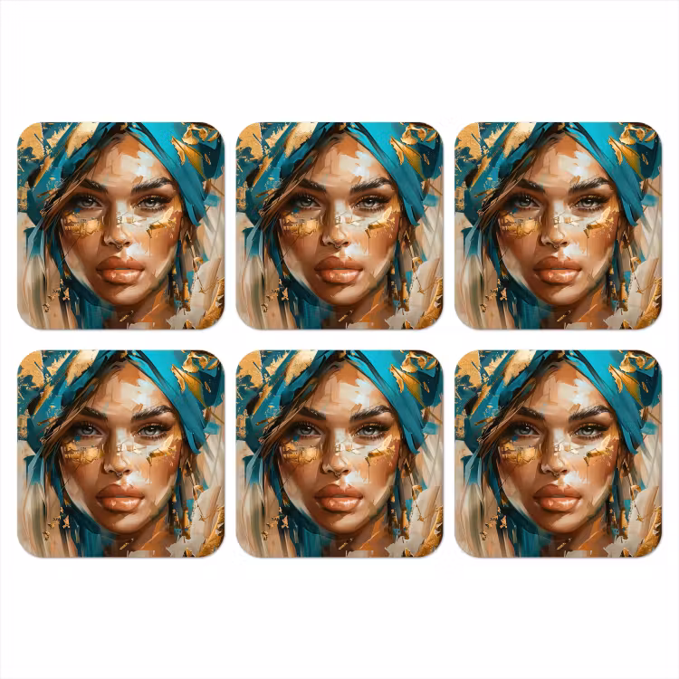 Vrouw - Portret - Goud - Luxe - Blauw onderzetter kurk middel -3d