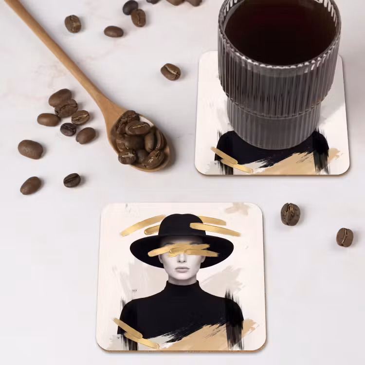 Vrouw - Portret - Modern - Goud - Kunst onderzetter kurk middel -sfeer2