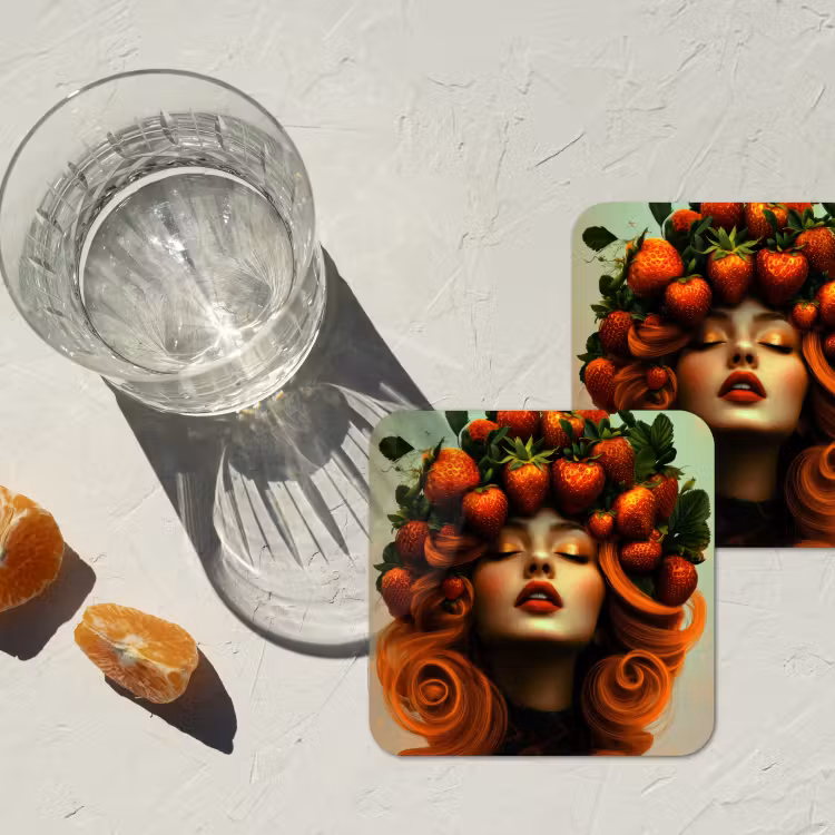 Vrouw - Aardbeien - Kroon onderzetter kurk middel -sfeer4