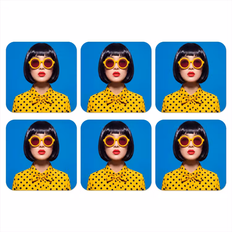Vrouw - Zonnebril - Pop Art - Portret - Geel onderzetter kurk middel -3d