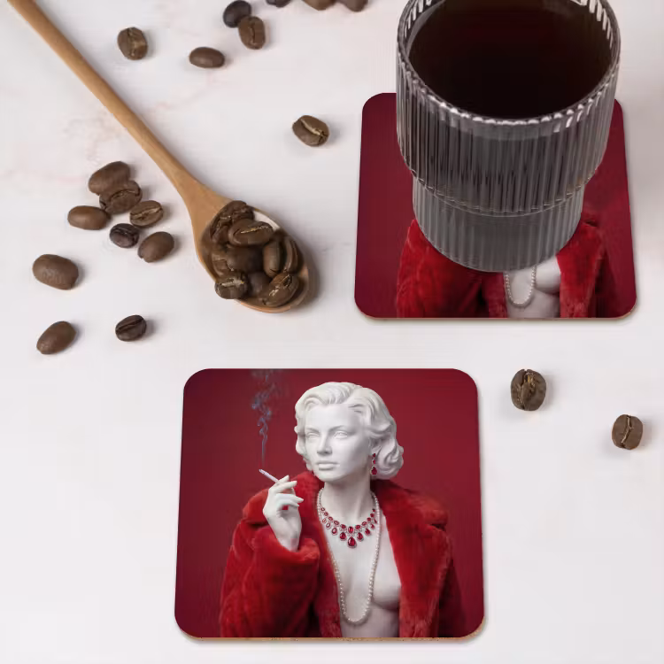 Vrouw - Bontjas - Mode - Klassiek - Rood onderzetter kurk middel -sfeer2