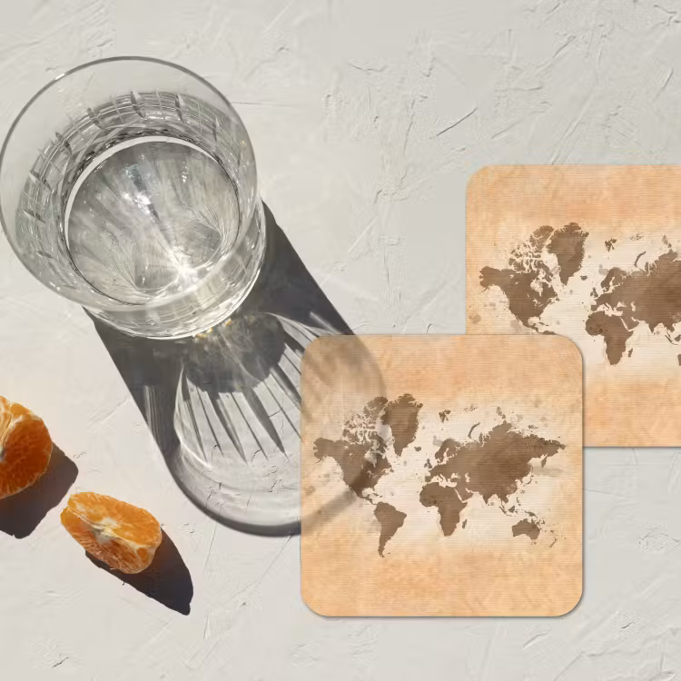 Wereldkaart - Beige - Bruin onderzetter kurk middel -sfeer4