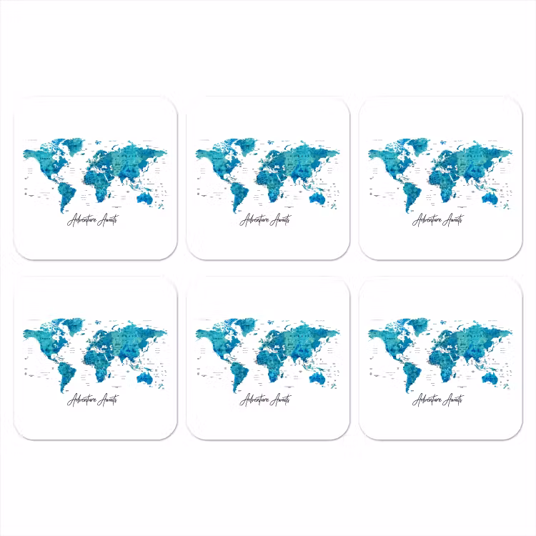 Wereldkaart - Blauw - Kleurrijk onderzetter kurk middel -3d