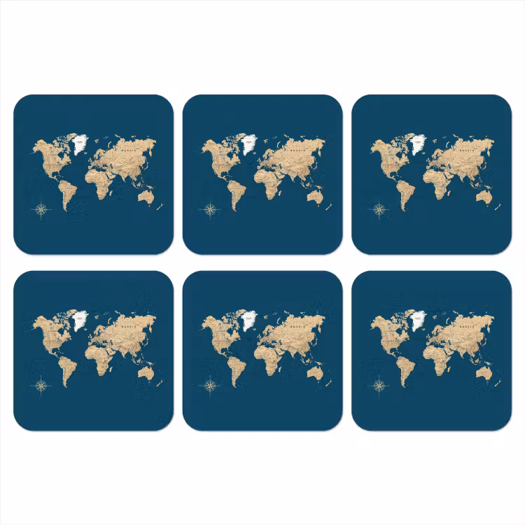 Wereldkaart - Donkerblauw - Beige onderzetter kurk middel -3d