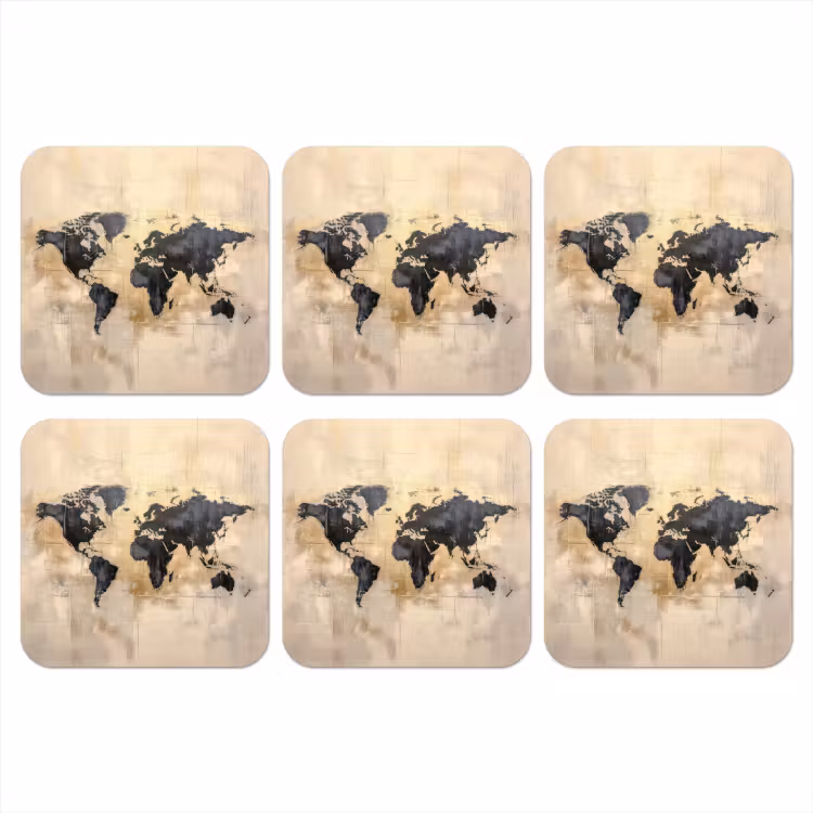 Wereldkaart - Goud - Zwart - Abstract onderzetter kurk middel -3d