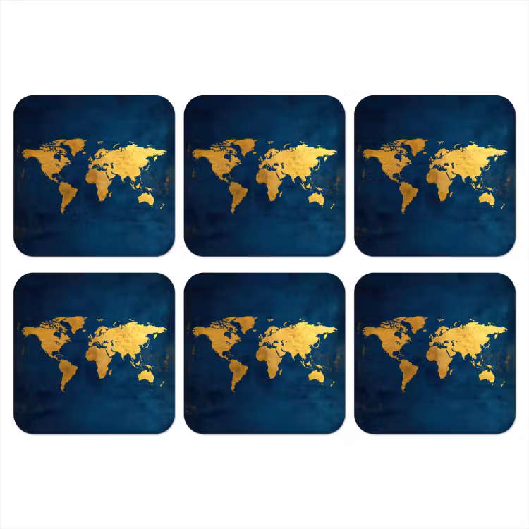 Wereldkaart - Goud - Donkerblauw onderzetter kurk middel -3d