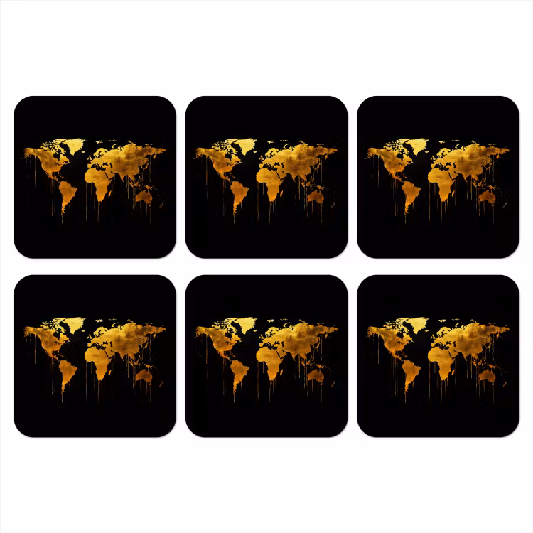 Wereldkaart - Goud - Druipen - Zwart onderzetter kurk middel -3d