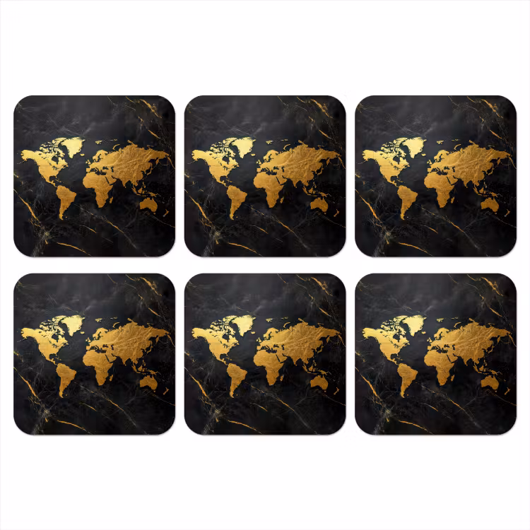 Wereldkaart - Goud - Marmer onderzetter kurk middel -3d
