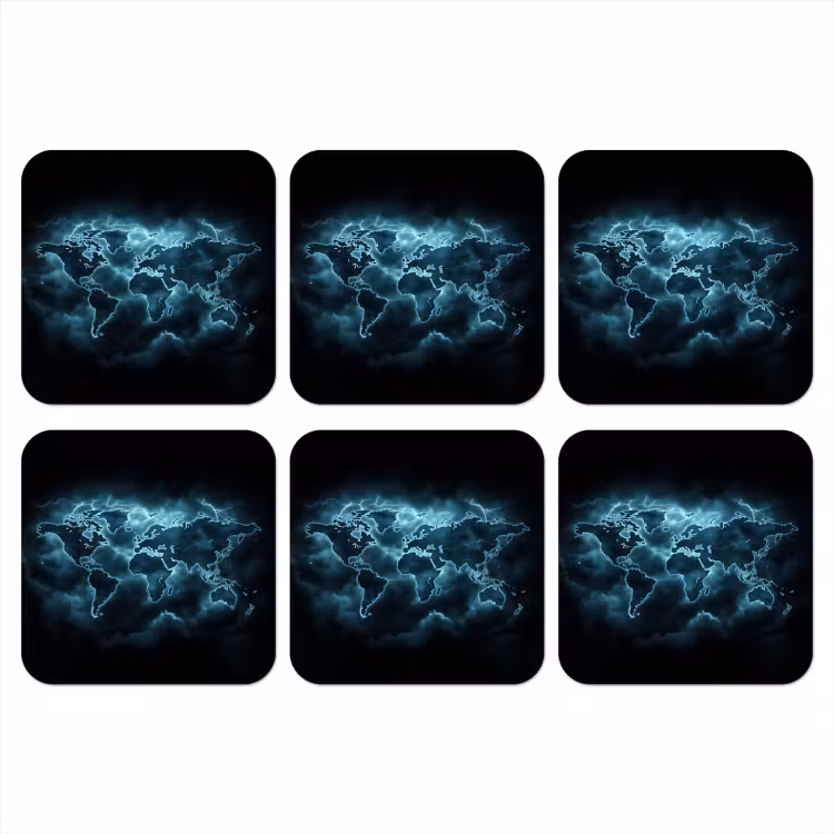 Wereldkaart - Bliksem - Blauw onderzetter kurk middel -3d