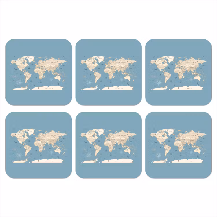 Wereldkaart - Oceaan - Realistisch - Blauw onderzetter kurk middel -3d
