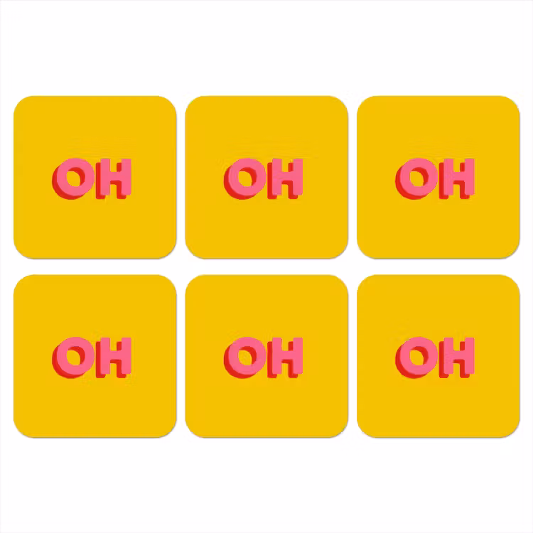 Geel - Roze - Oh - 3D onderzetter kurk middel -3d