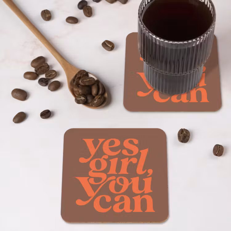 Yes girl you can - Oranje - Bruin onderzetter kurk middel -sfeer2