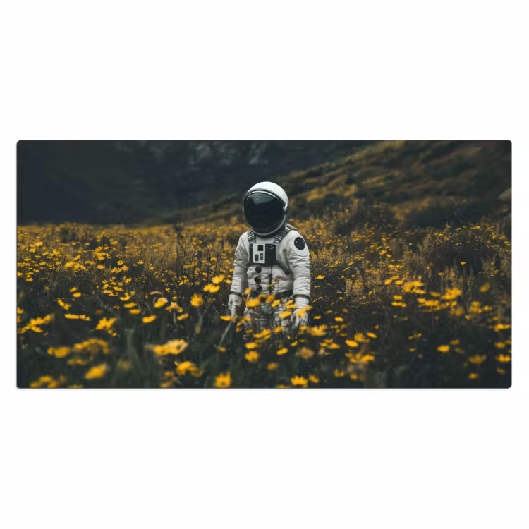 Astronaut - Bloemen - Veld - Geel Muismat XXL klein -3d_leeg