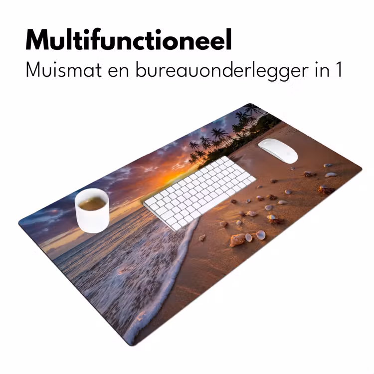 Strand - Zonsondergang - Palmbomen - Natuur - Oranje Muismat XXL klein -sfeer4