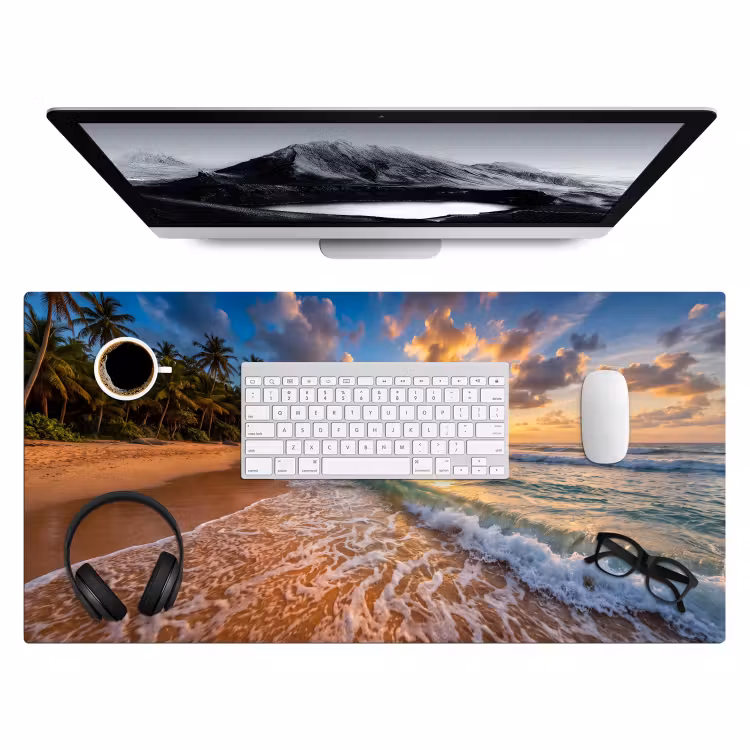 Strand - Zonsondergang - Golven - Natuur - Goud Muismat XXL klein -3d