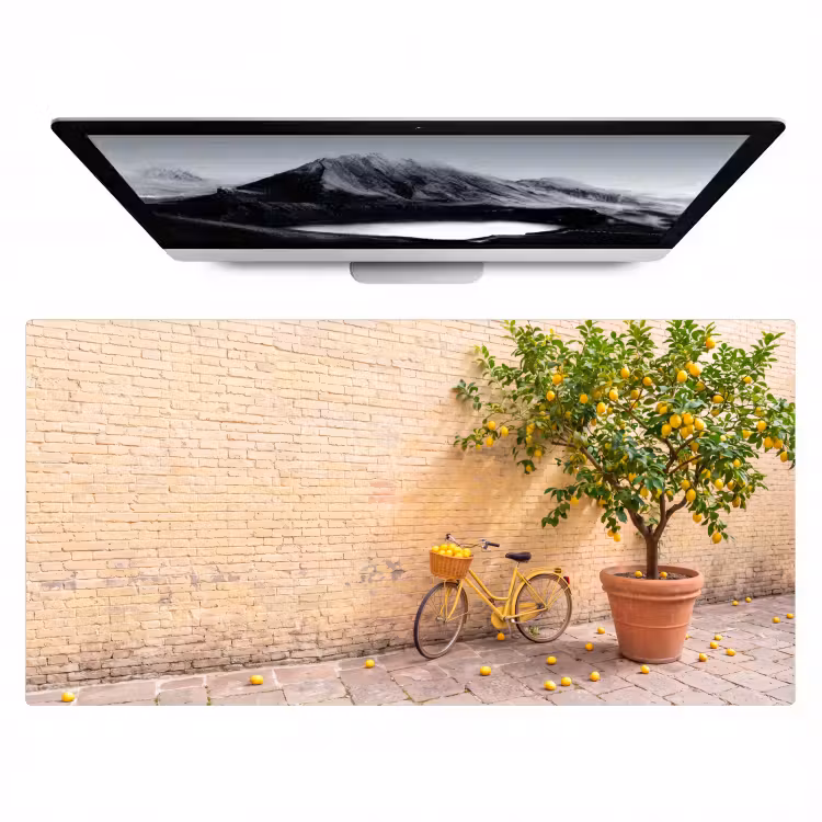 Fiets - Mand - Eten - Geel - Zomer Muismat XXL klein -zzz3d