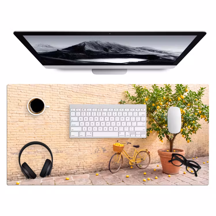 Fiets - Mand - Eten - Geel - Zomer Muismat XXL klein -3d
