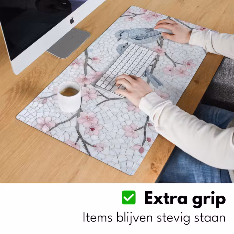 Vogel - Bloemen - Natuur - Mozaïek - Roze Muismat XXL klein -sfeer3
