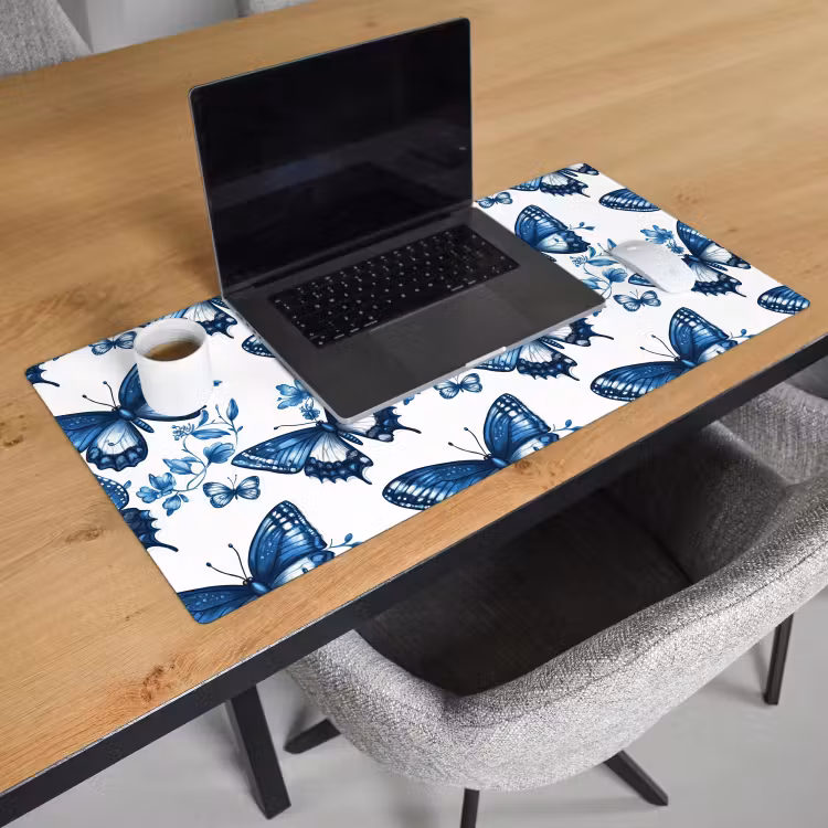 Blauw - Vlinders - Bloemen - Wit Muismat XXL klein 681 -sfeer1