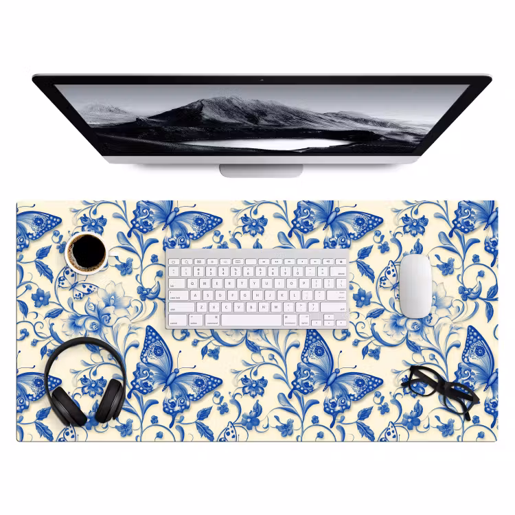 Vlinders - Bloemen - Blauw - Botanisch Muismat XXL klein 681 -3d