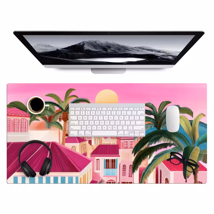 Stad - Roze - Palmbomen Muismat XXL klein -3d