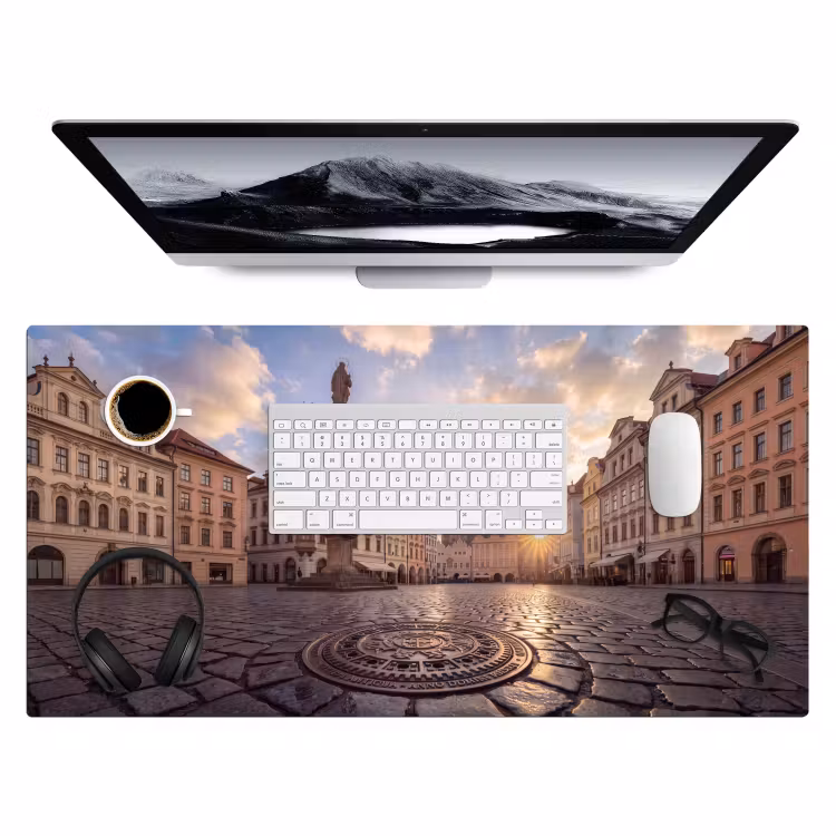 Stad - Praag - Ochtend - Architectuur - Goud Muismat XXL klein -3d