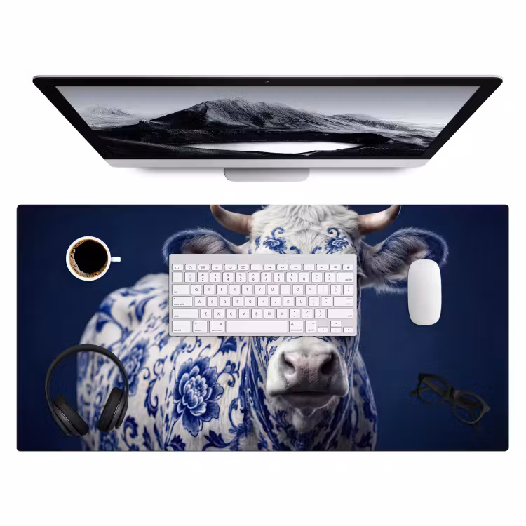 Koe - Delfts - Blauw - Artistiek Muismat XXL klein -3d