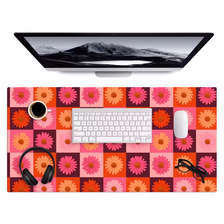 Madeliefjes - Dambord - Retro - Roze - Oranje Muismat XXL klein 681 -3d