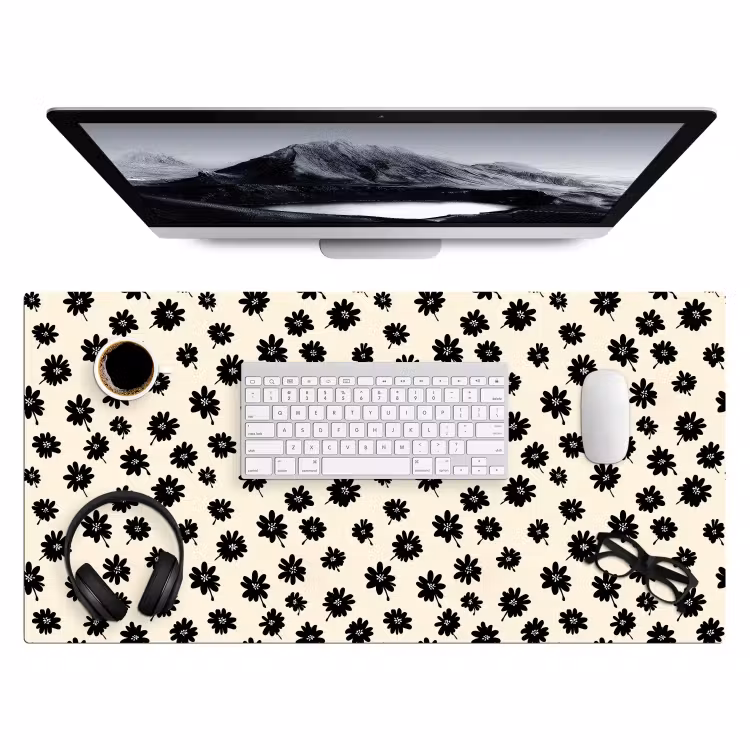 Madeliefjes - Grafisch - Zwart - Beige Muismat XXL klein 681 -3d