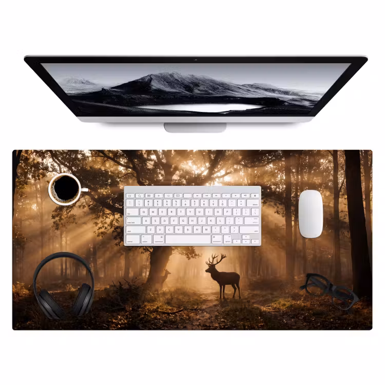Hert - Bos - Mistig - Natuur - Goud Muismat XXL klein -3d