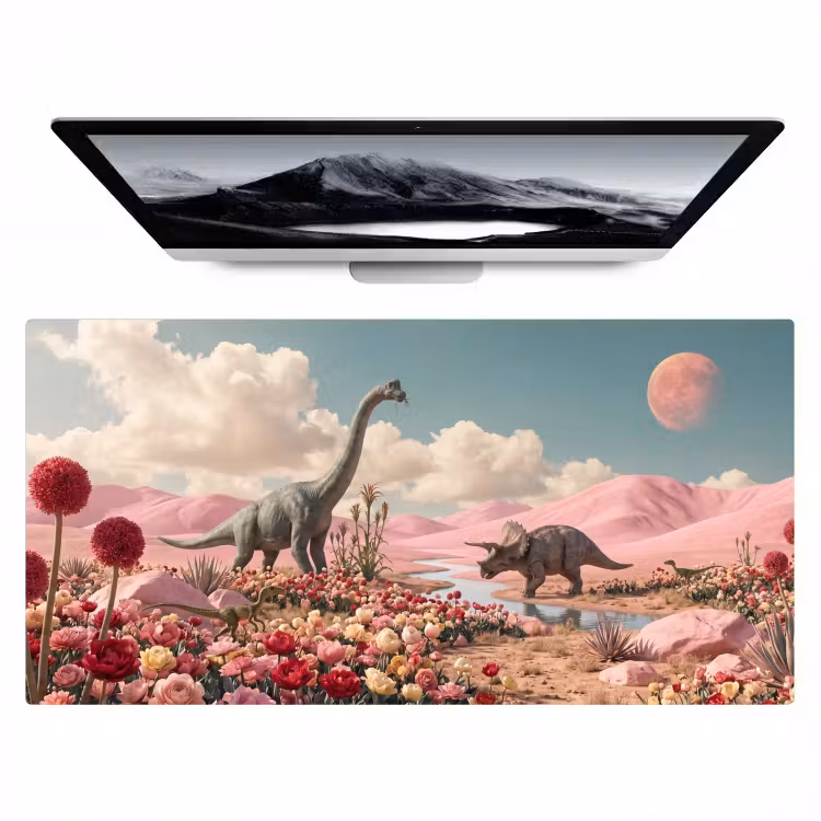 Desk Mat - Dinosaur - Pink - Landscape - Dinosaurus - Roze - Landschap Muismat XXL klein