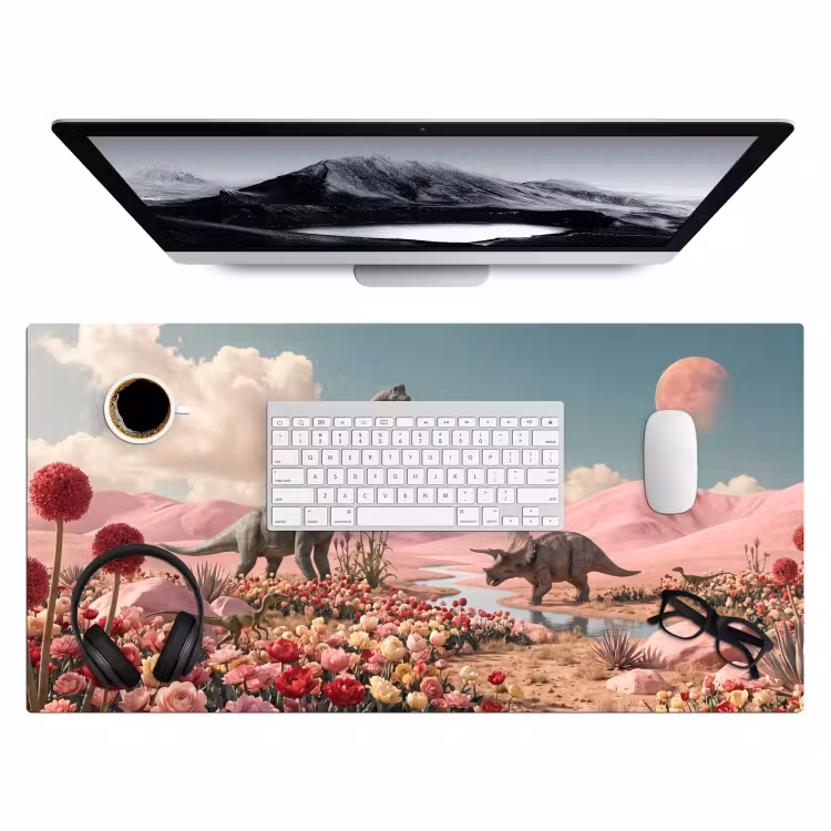 Desk Mat - Dinosaur - Pink - Landscape - Dinosaurus - Roze - Landschap Muismat XXL klein