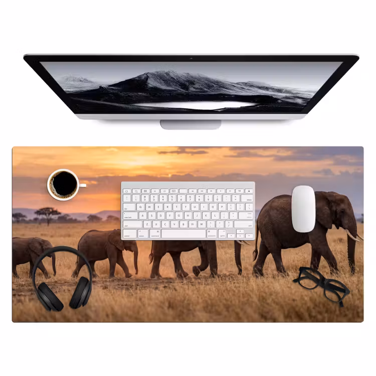 Olifanten - Savanne - Zonsondergang - Afrika - Warm Muismat XXL klein -3d