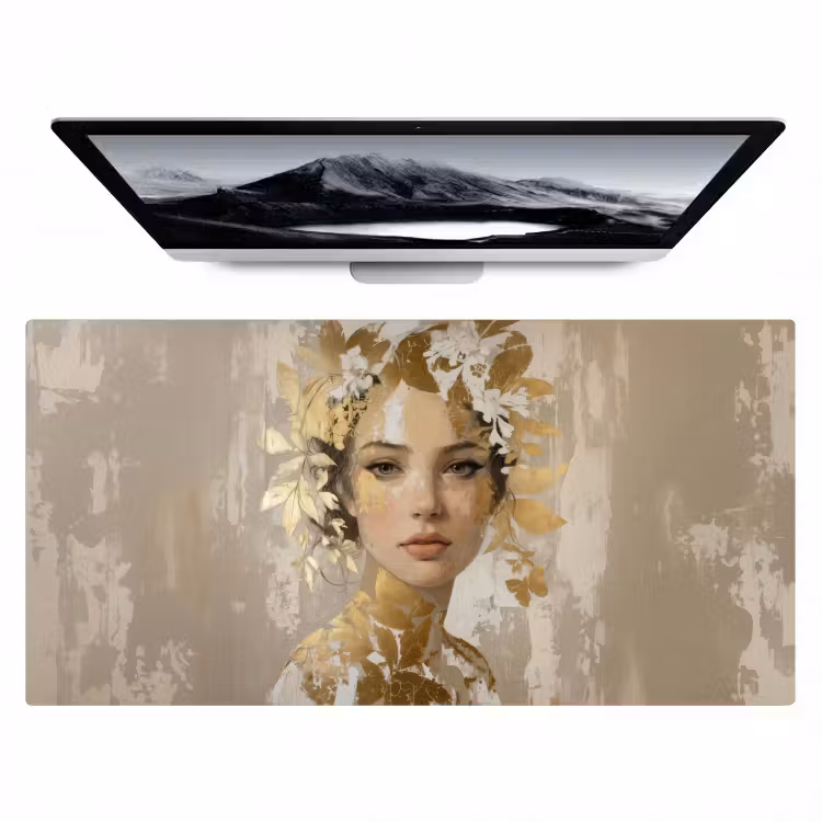 Gezicht - Vrouw - Bladeren - Goud Muismat XXL klein -zzz3d