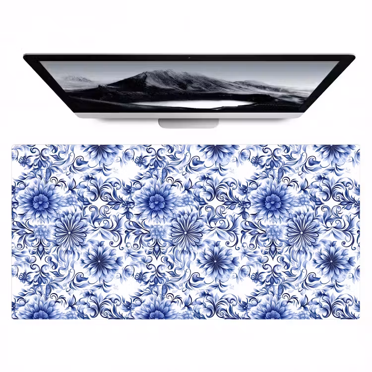 Bloemen - Blauw - Patroon - Wit Muismat XXL klein 681 -zzz3d