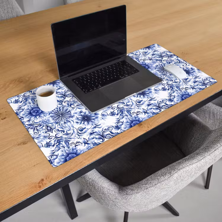 Bloemen - Blauw - Patroon - Wit Muismat XXL klein 681 -sfeer1