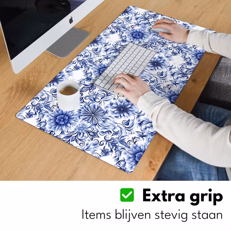 Bloemen - Blauw - Patroon - Wit Muismat XXL klein 681 -sfeer3