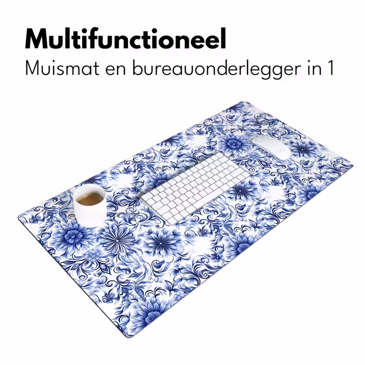 Bloemen - Blauw - Patroon - Wit Muismat XXL klein 681 -sfeer4