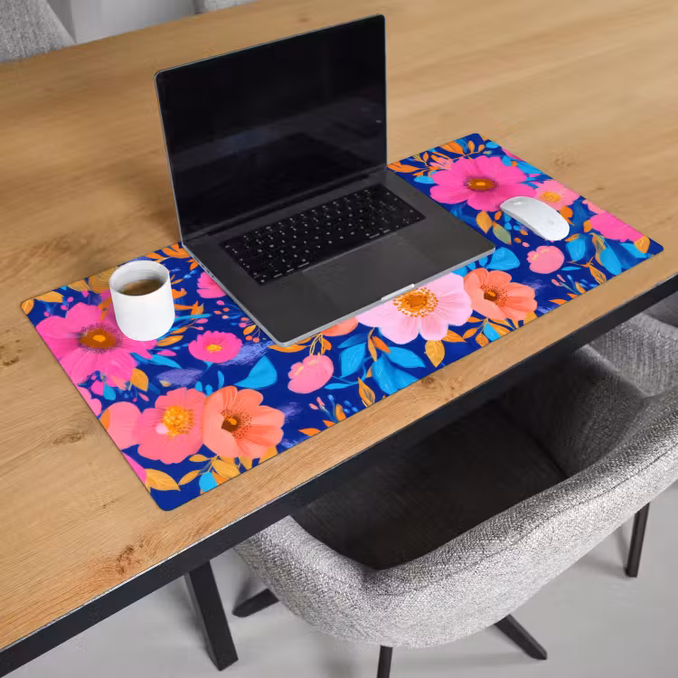 Bloemen - Blauw - Roze Muismat XXL klein -sfeer1