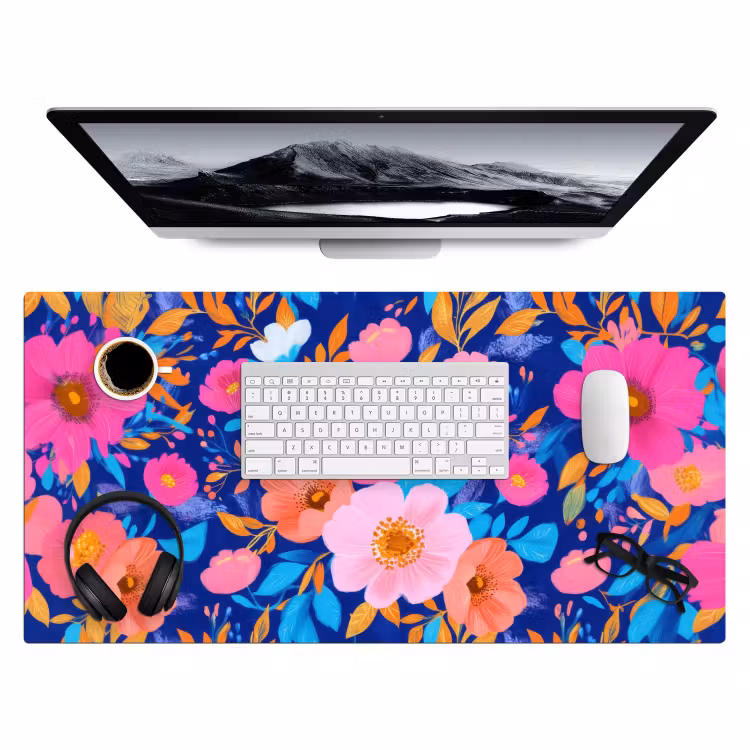 Bloemen - Blauw - Roze Muismat XXL klein -3d