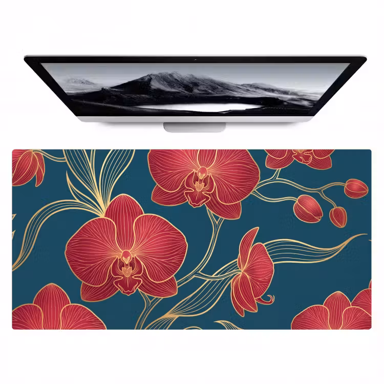 Desk Mat - Flowers - Red - Gold - Bloemen - Rood - Goud Muismat XXL klein