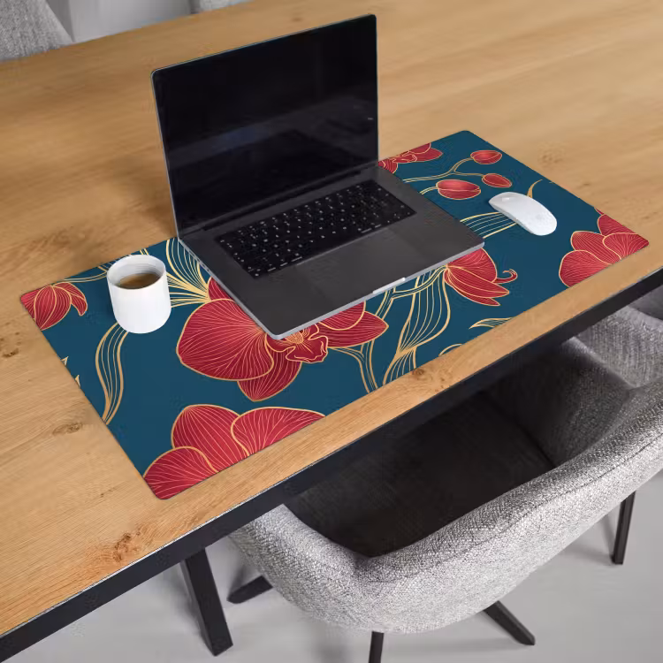Desk Mat - Flowers - Red - Gold - Bloemen - Rood - Goud Muismat XXL klein