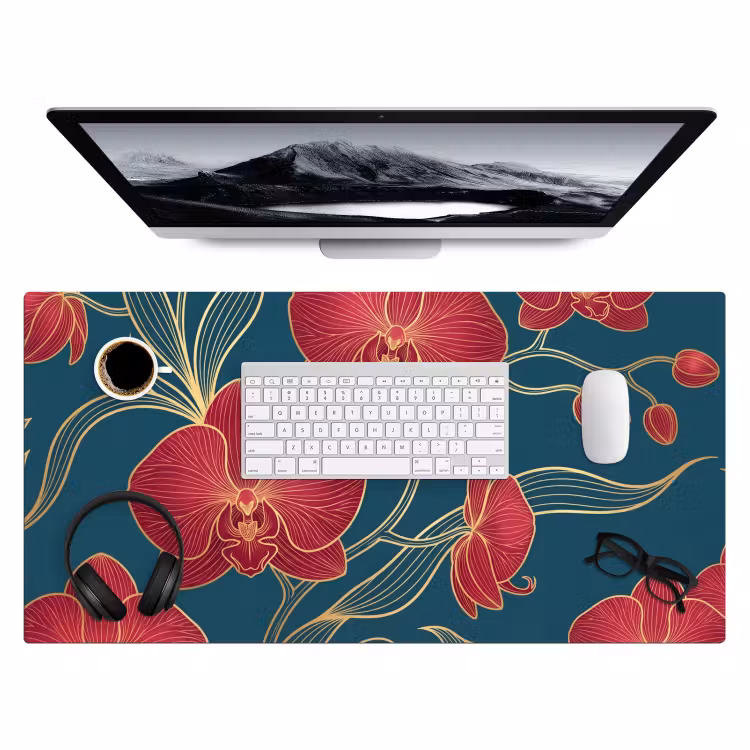 Desk Mat - Flowers - Red - Gold - Bloemen - Rood - Goud Muismat XXL klein