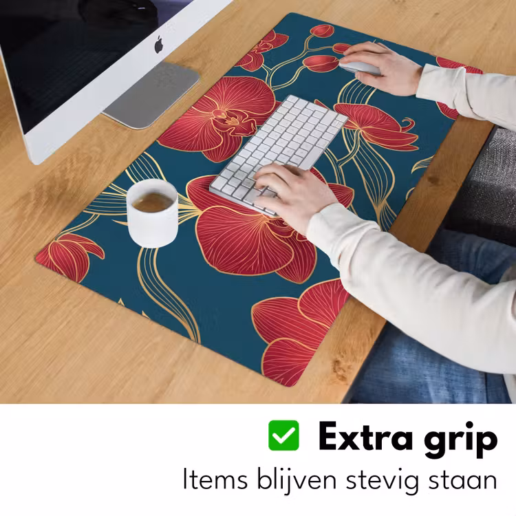Desk Mat - Flowers - Red - Gold - Bloemen - Rood - Goud Muismat XXL klein
