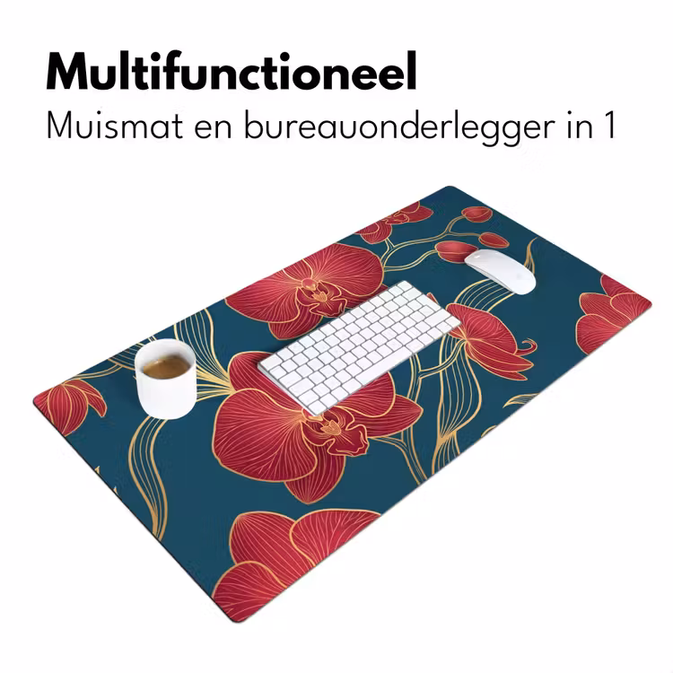 Desk Mat - Flowers - Red - Gold - Bloemen - Rood - Goud Muismat XXL klein