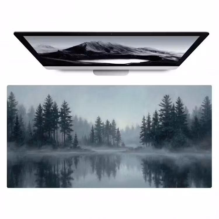 Bos - Meer - Mist - Natuur - Grijs Muismat XXL klein -zzz3d