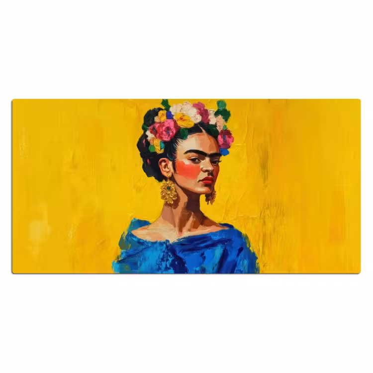 Frida Kahlo - Vrouw - Geel - Blauw - Bloemen Muismat XXL klein -3d_leeg